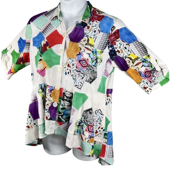 Parsley & Sage XL Bohemian Patchwork Ruffle Hi Lo Blouse Roll Tab Sleeve Artsy - Picture 6 of 16